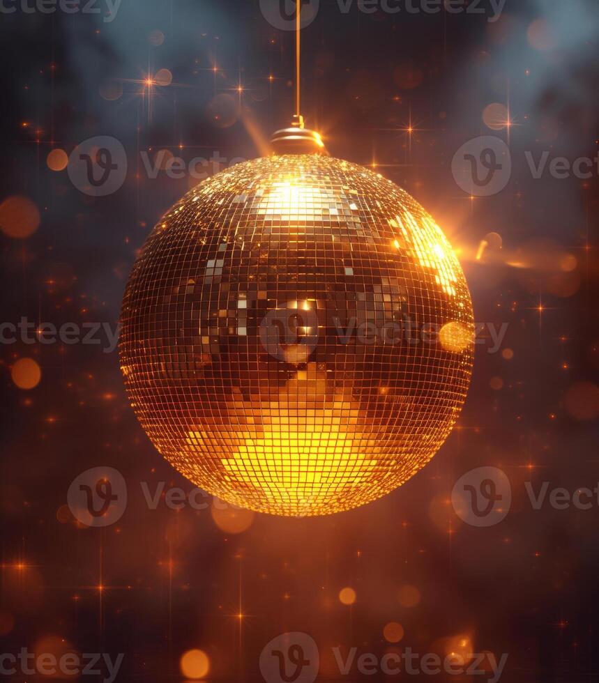 ai gegenereerd gouden disco bal en helder vonken Aan donker achtergrond foto