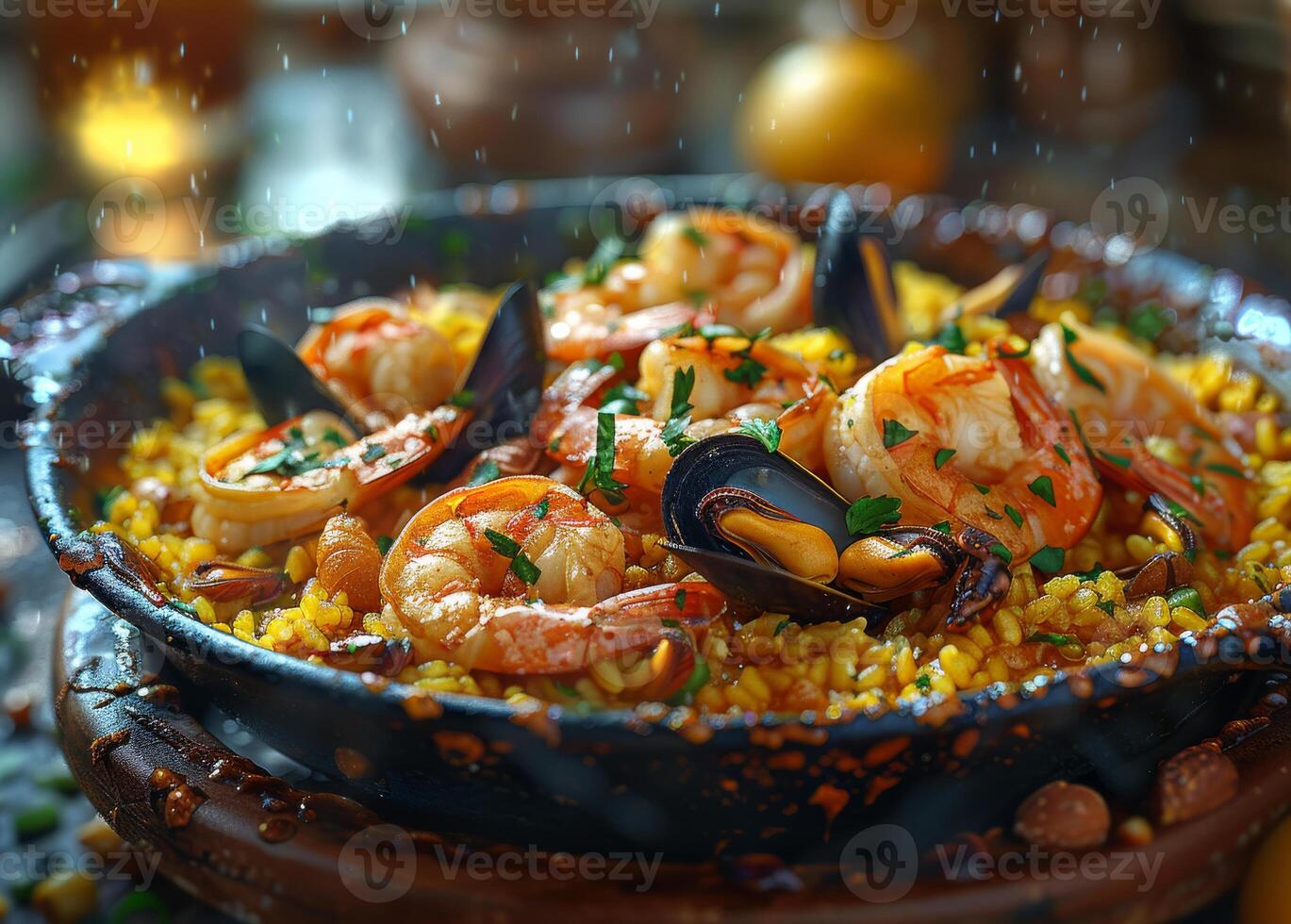 ai gegenereerd paella met zeevruchten in paellera traditioneel Spaans schotel foto