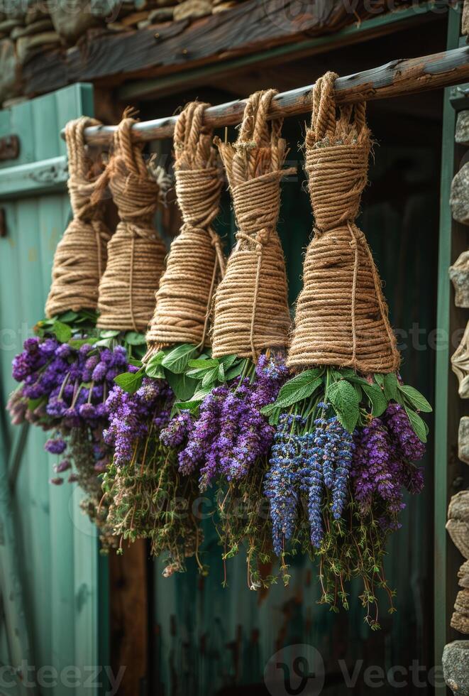 ai gegenereerd bundels van lavendel hangende Aan touw foto