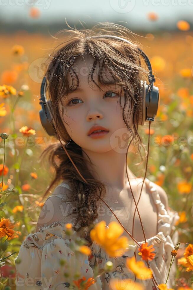 ai gegenereerd schattig weinig meisje is luisteren naar muziek- in de bloem veld- foto