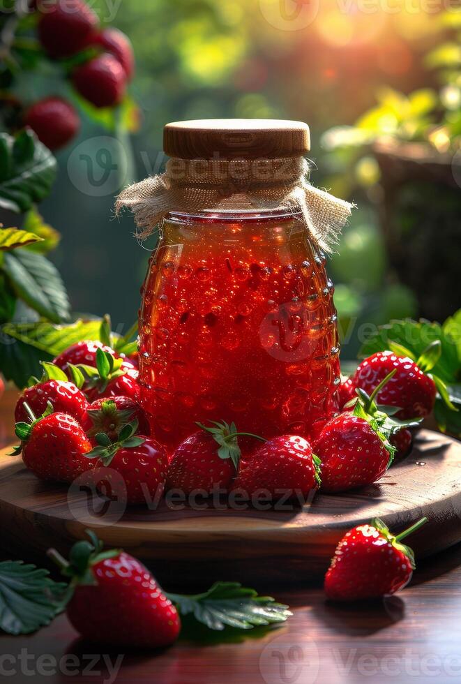 ai gegenereerd pot van aardbei jam Aan houten tafel in de tuin foto