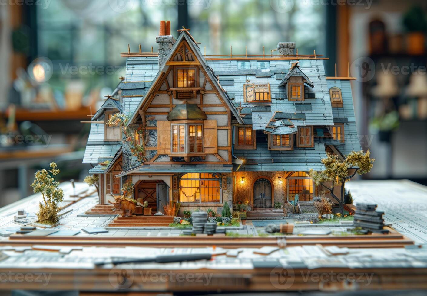 ai gegenereerd miniatuur huis Aan de tafel met blauwdrukken en bouwkundig plannen foto
