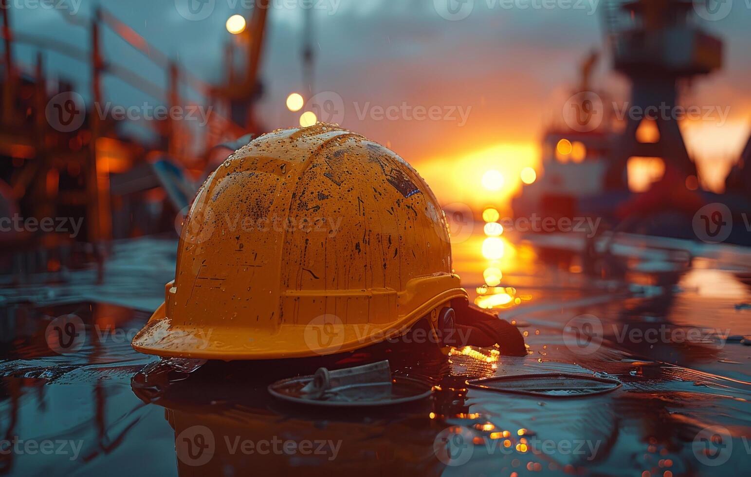 ai gegenereerd geel moeilijk hoed en veiligheid bril Aan de olie tuigage platform gedurende zonsondergang foto