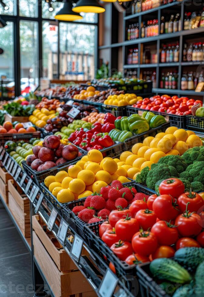 ai gegenereerd vers fruit en groenten Bij supermarkt foto