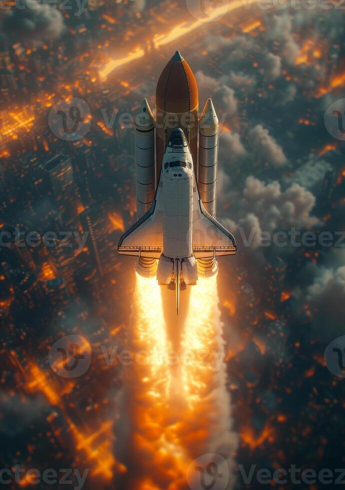 ai gegenereerd ruimte shuttle duurt uit Aan missie. raket begint in ruimte concept. foto
