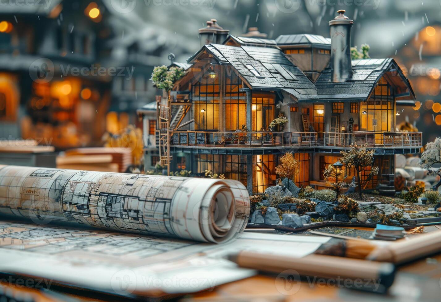 ai gegenereerd miniatuur huis Aan de tafel met blauwdrukken en bouwkundig plannen foto