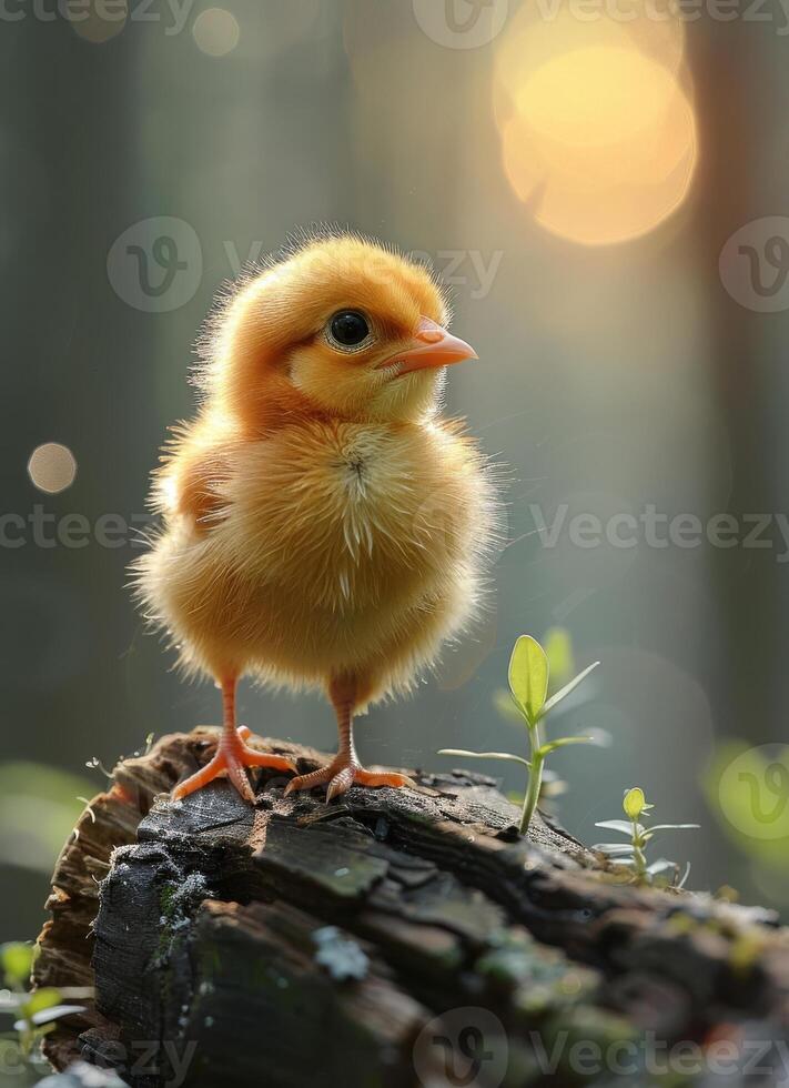 ai gegenereerd schattig weinig kuiken Aan de boom in de ochtend- foto