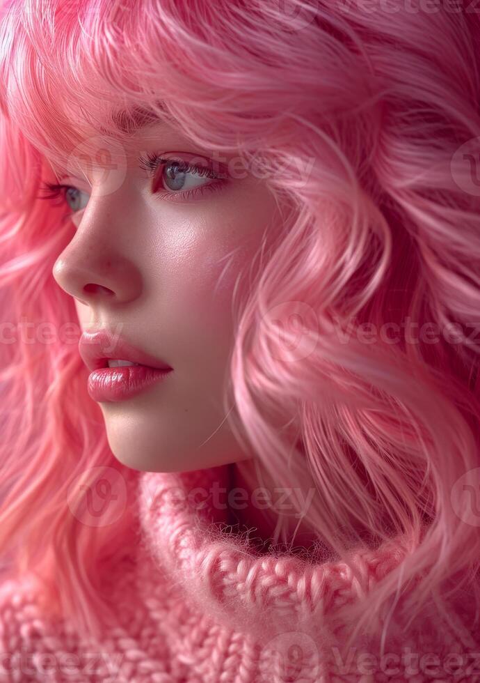 ai gegenereerd mooi meisje met roze haar- roze ogen en teder bedenken foto