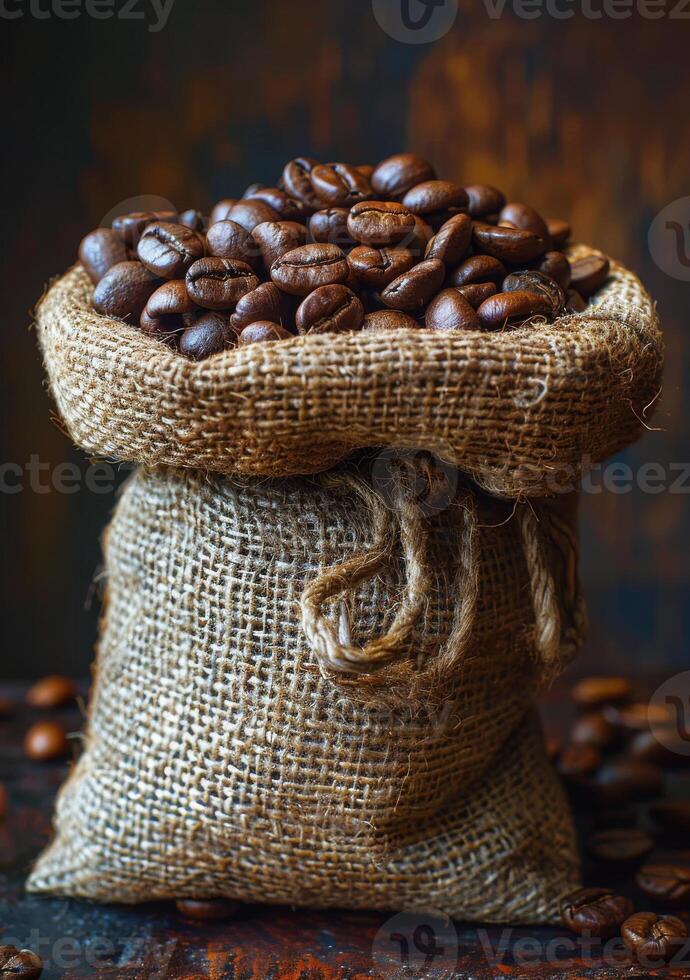 ai gegenereerd geroosterd koffie bonen in jute zak Aan bruin achtergrond selectief focus foto