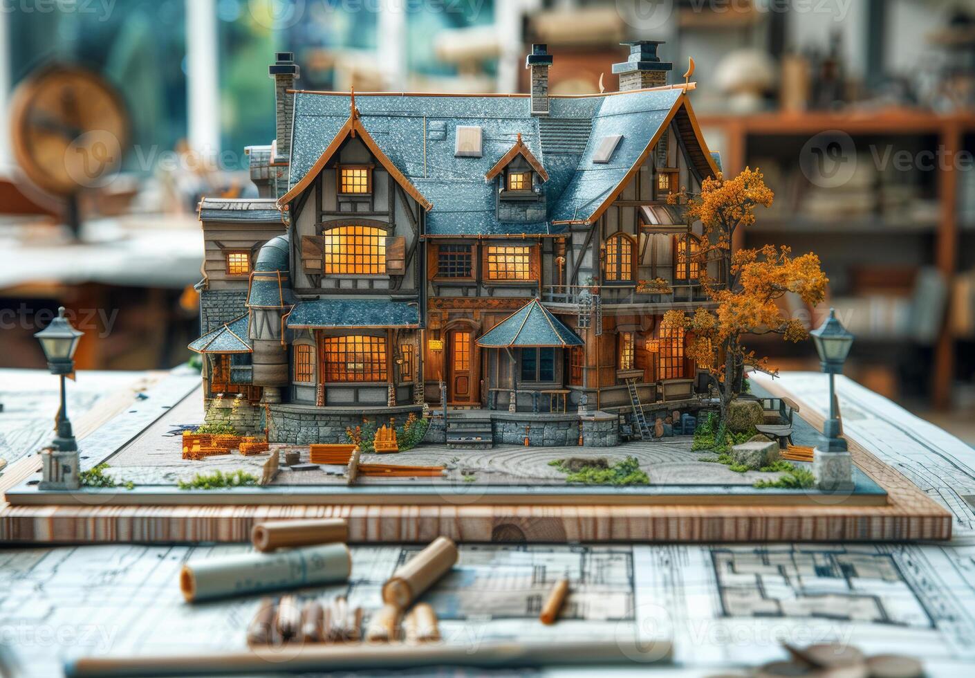 ai gegenereerd miniatuur huis Aan de tafel met boeken en potloden foto