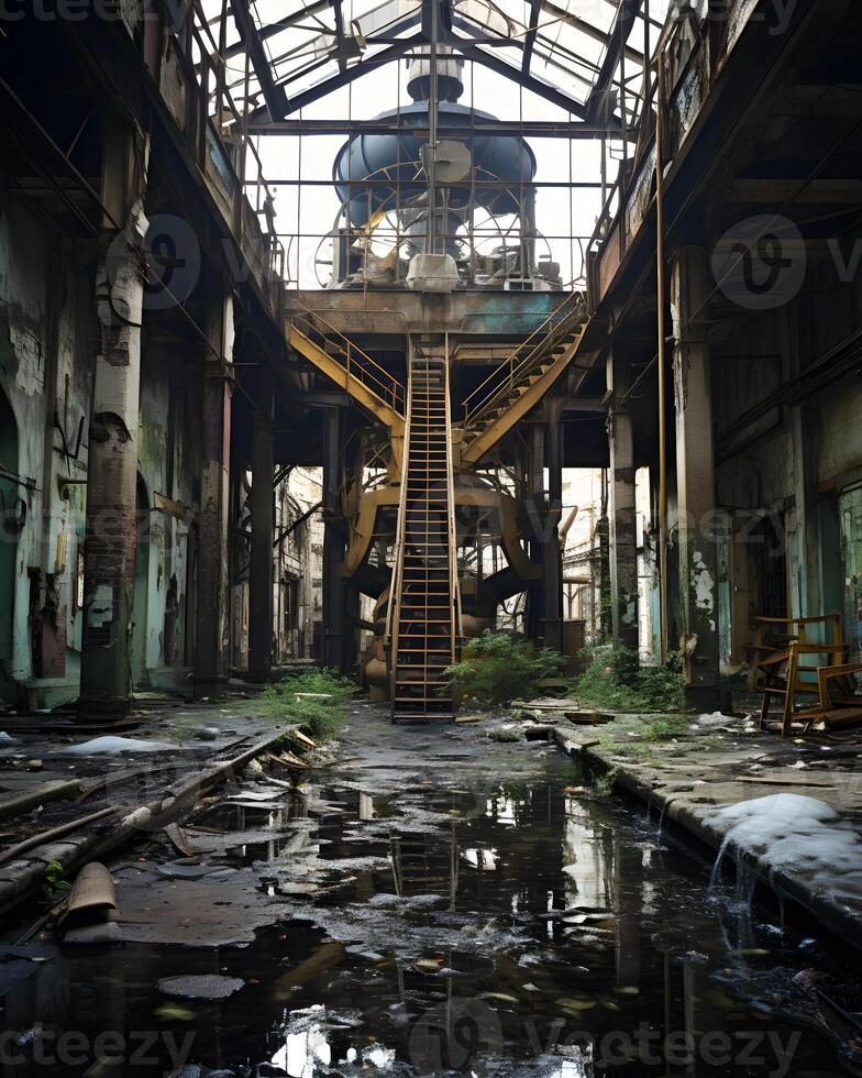 ai gegenereerd vastleggen de spookachtig schoonheid van verlaten industrieel ruimten foto