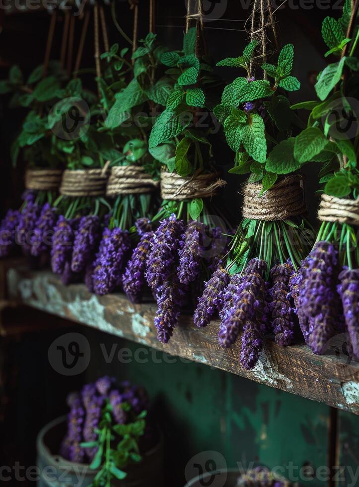 ai gegenereerd lavendel trossen en bloemen Aan de houten schappen foto