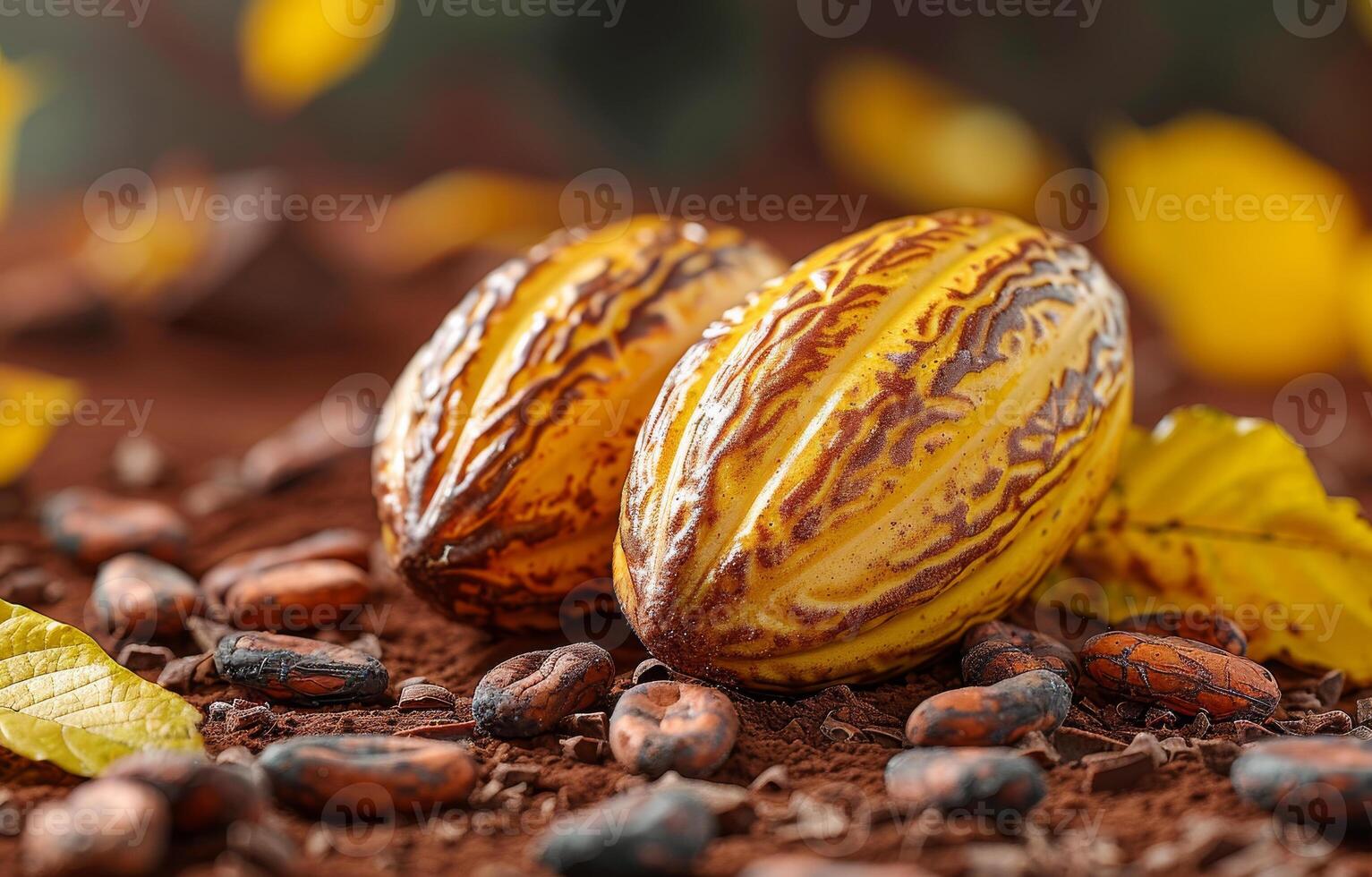 ai gegenereerd cacao peulen en cacao bonen Aan bruin achtergrond foto