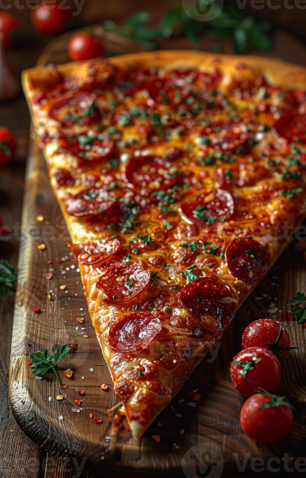 ai gegenereerd plak van heerlijk kaasachtig peperoni pizza Aan snijdend bord geserveerd Aan rustiek houten tafel foto