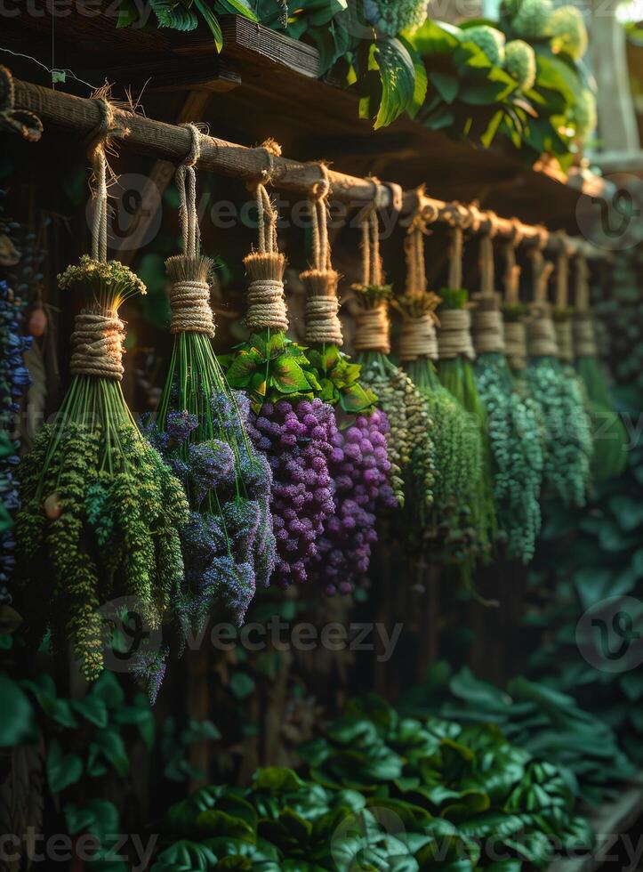 ai gegenereerd lavendel trossen en bloemen Aan de houten schappen foto