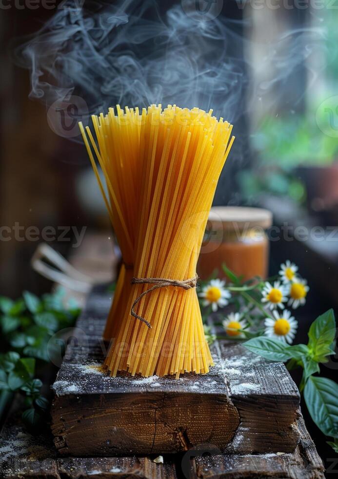 ai gegenereerd rauw spaghetti en bloemen Aan houten tafel foto