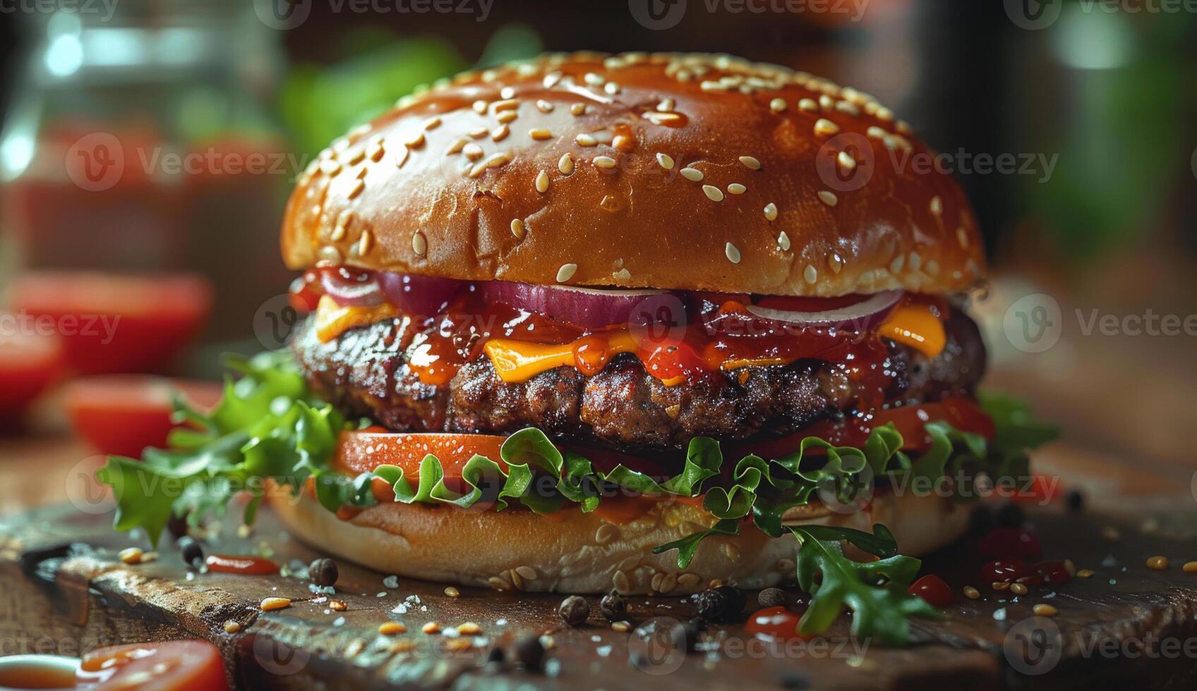 ai gegenereerd heerlijk vers huis gemaakt hamburger met sla kaas ui en tomaat Aan rustiek houten tafel foto
