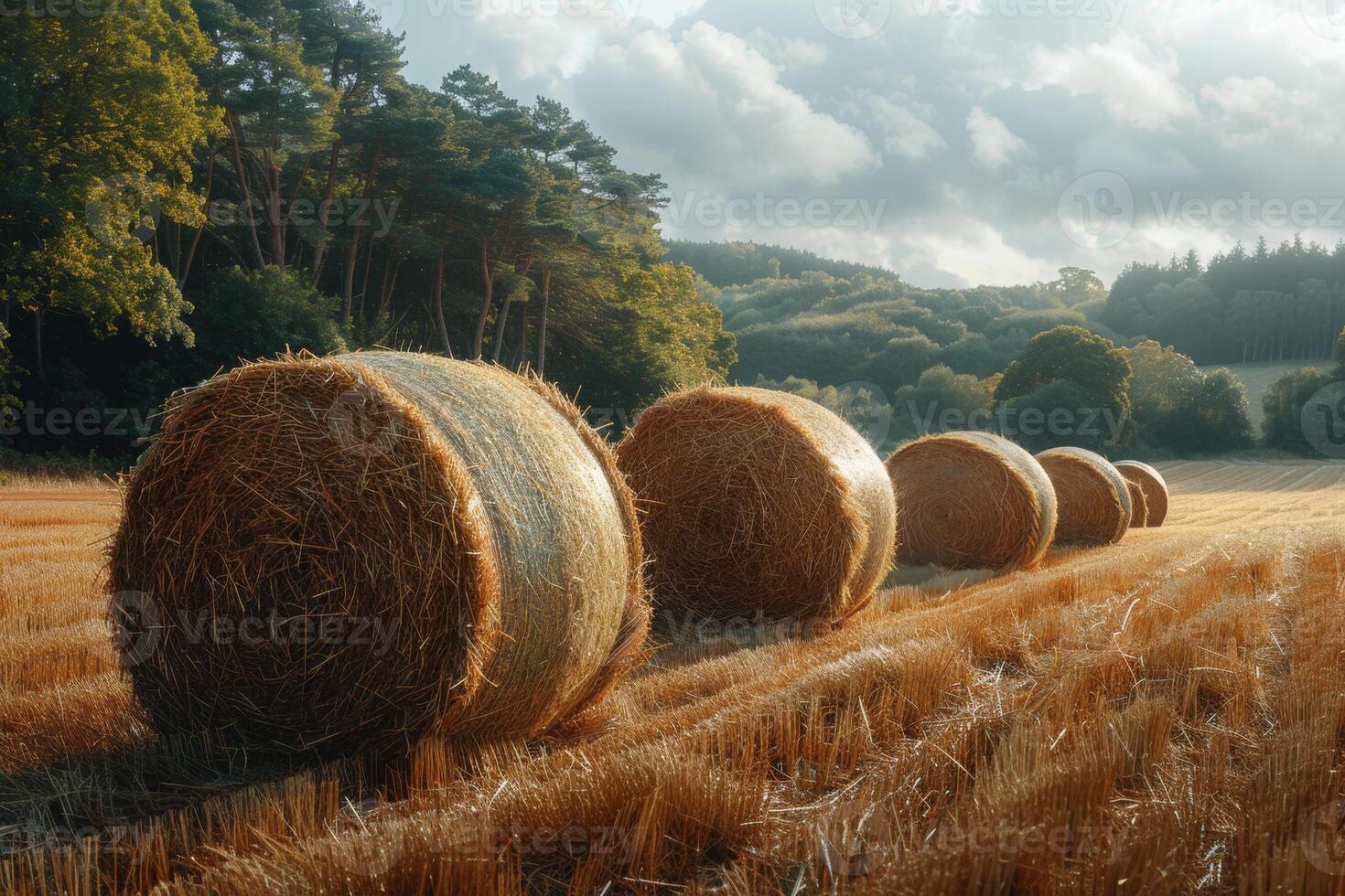 ai gegenereerd hooi balen in veld- Bij zonsondergang foto