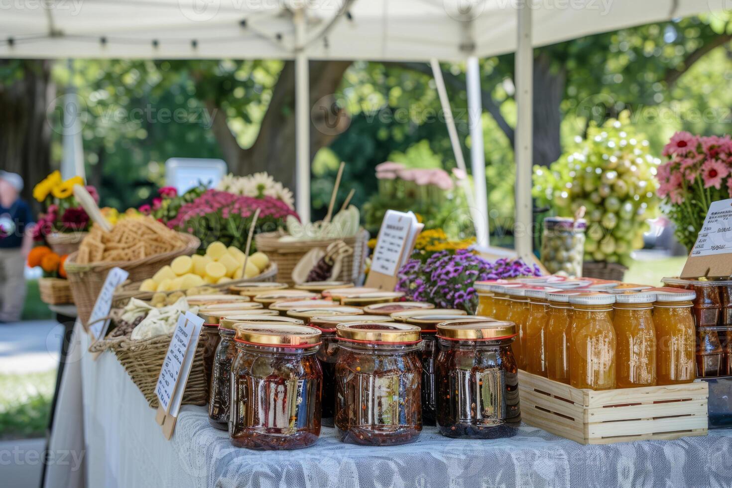 ai gegenereerd potten van eigengemaakt jam en sauzen Bij een lokaal boer markt. generatief ai foto