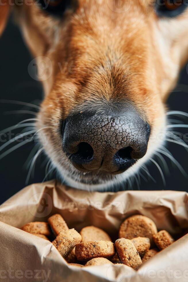 ai gegenereerd honden neus- dichtbij omhoog snuiven droog voedsel in een zak van behandelt. generatief ai foto