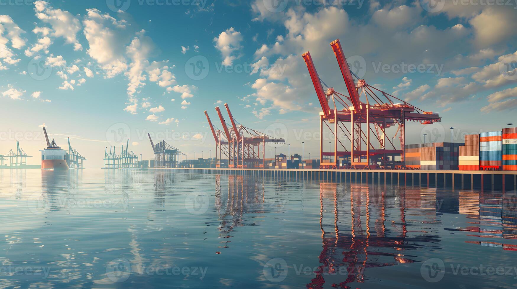 ai gegenereerd een schip voor vervoeren lading containers en ook lossen het Bij de dokken van een lading haven. ai gegenereerd foto