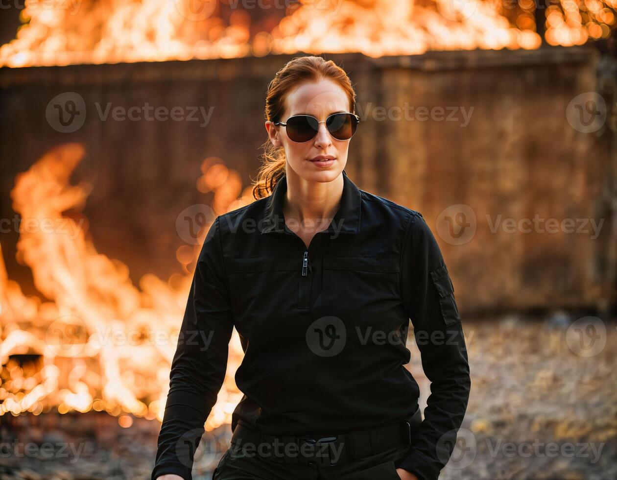 ai gegenereerd foto van mooi vrouw net zo een undercover middel vervelend zwart lang mouw overhemd en tactisch hijgen met brand en rook stad in Gevaar tafereel, generatief ai