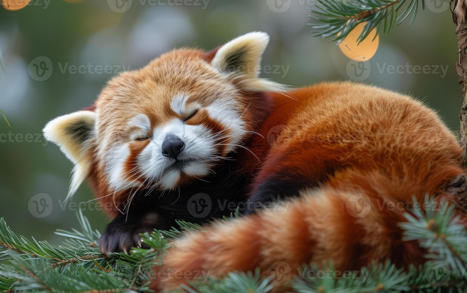 ai gegenereerd een rood panda krullen omhoog voor een kalmte snooze tussen de weelderig groen van een pijnboom boom foto