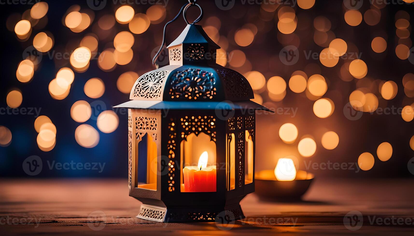 ai gegenereerd sier- Arabisch lantaarn met brandend kaars gloeiend Bij nacht. foto