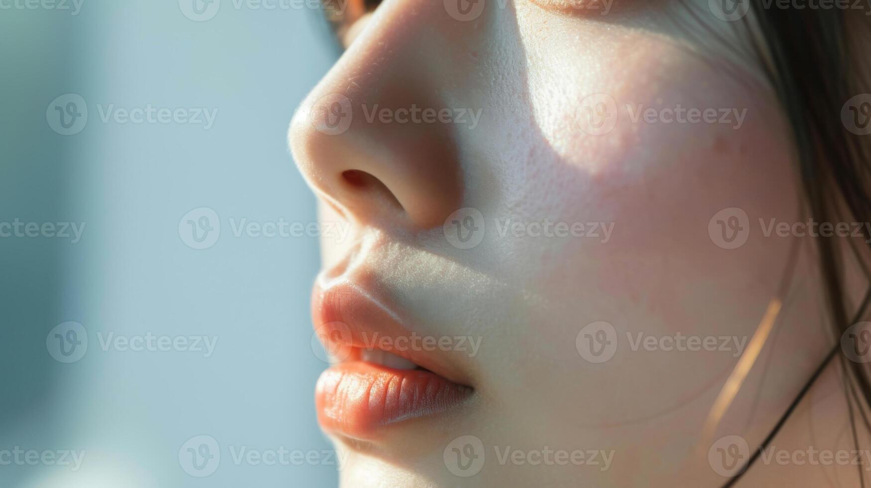 ai gegenereerd portret van een jong vrouw met glad huid, zacht uitdrukking, en natuurlijk zonlicht. foto