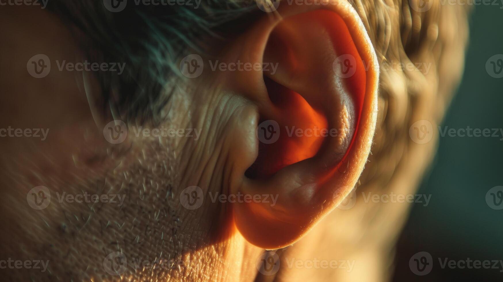 ai gegenereerd detailopname van de oor van een senior Mens met grijs haar, gedetailleerd visie van de veroudering werkwijze foto