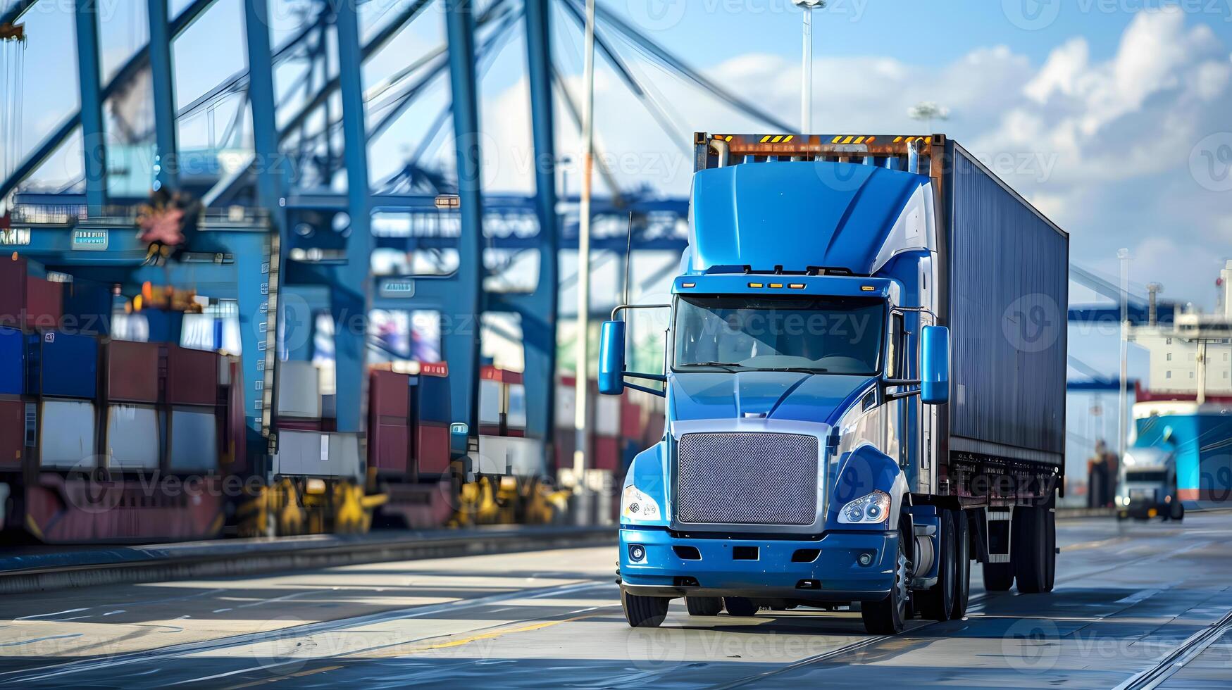 ai gegenereerd vrachtauto aanhangwagen Aan de pier in de lading haven terminal met kranen en containers. ai gegenereerd foto