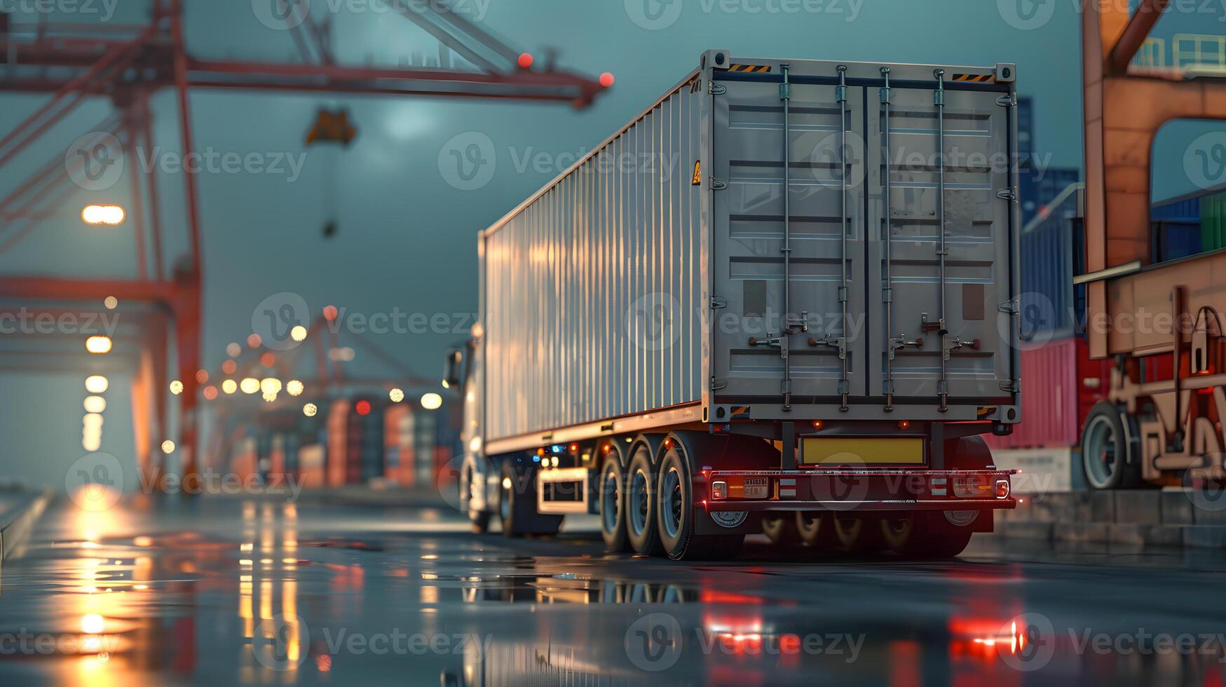 ai gegenereerd vrachtauto aanhangwagen Aan de pier in de lading haven terminal met kranen en containers. ai gegenereerd foto