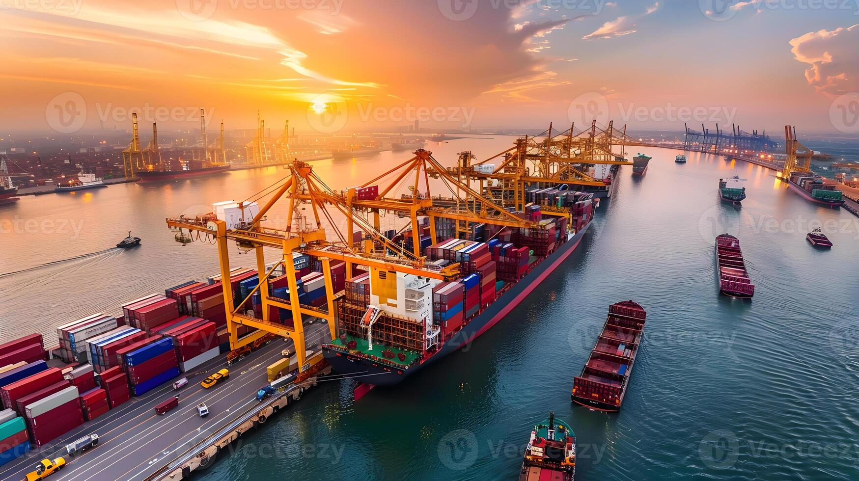 ai gegenereerd een schip voor vervoeren lading containers en ook lossen het Bij de dokken van een lading haven. ai gegenereerd foto