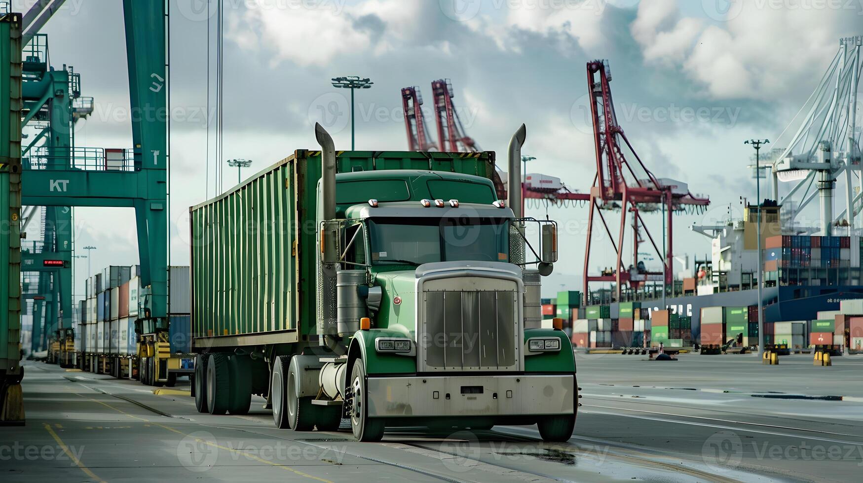 ai gegenereerd vrachtauto aanhangwagen Aan de pier in de lading haven terminal met kranen en containers. ai gegenereerd foto