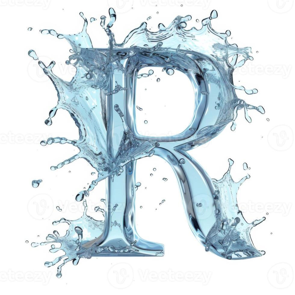 ai gegenereerd alfabet, brief r. plons van water duurt de vorm van de brief p, vertegenwoordigen de concept van vloeistof typografie. foto