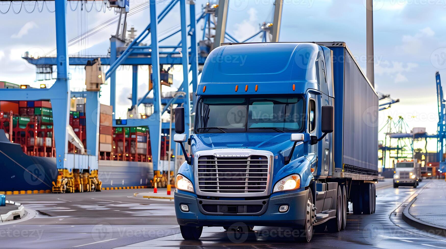 ai gegenereerd vrachtauto aanhangwagen Aan de pier in de lading haven terminal met kranen en containers. ai gegenereerd foto