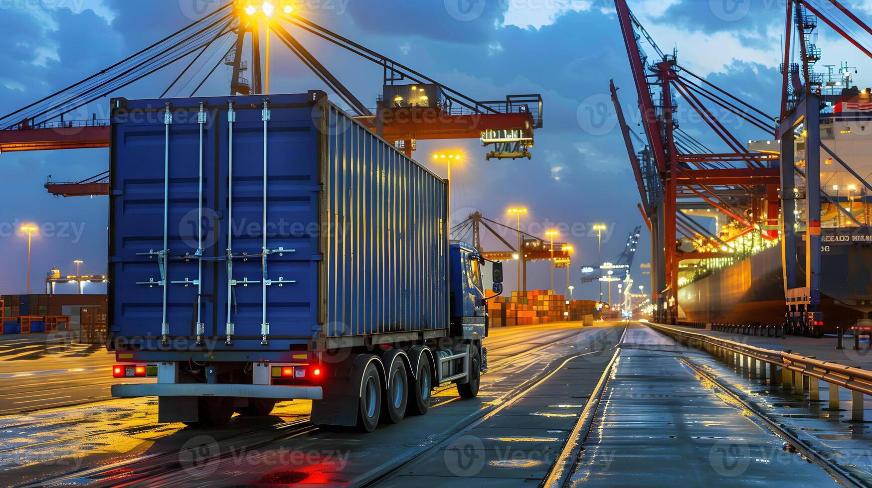 ai gegenereerd vrachtauto aanhangwagen Aan de pier in de lading haven terminal met kranen en containers. ai gegenereerd foto