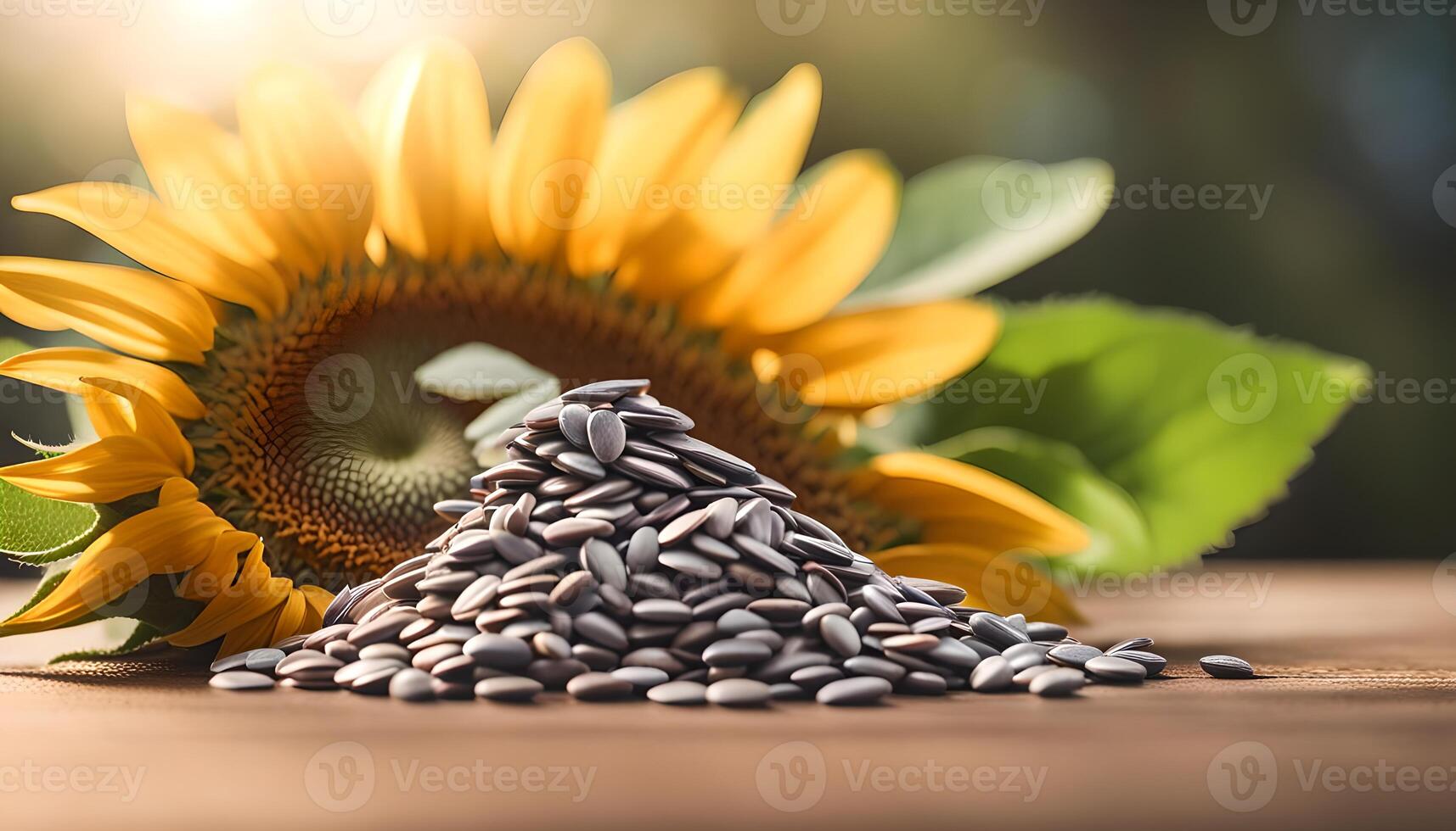 ai gegenereerd zonnebloem zaad Aan houten tafel foto