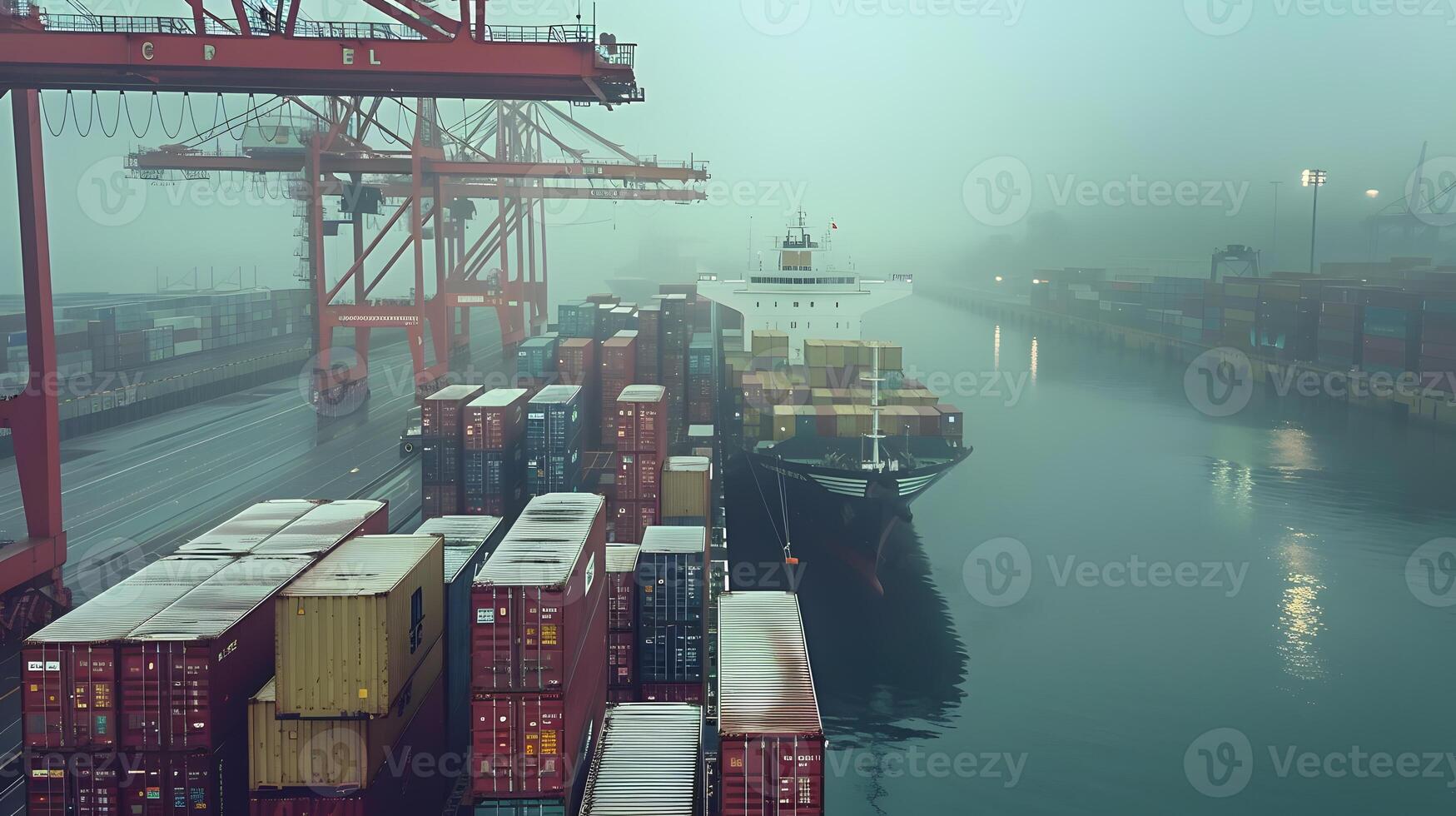 ai gegenereerd een schip voor vervoeren lading containers en ook lossen het Bij de dokken van een lading haven. ai gegenereerd foto