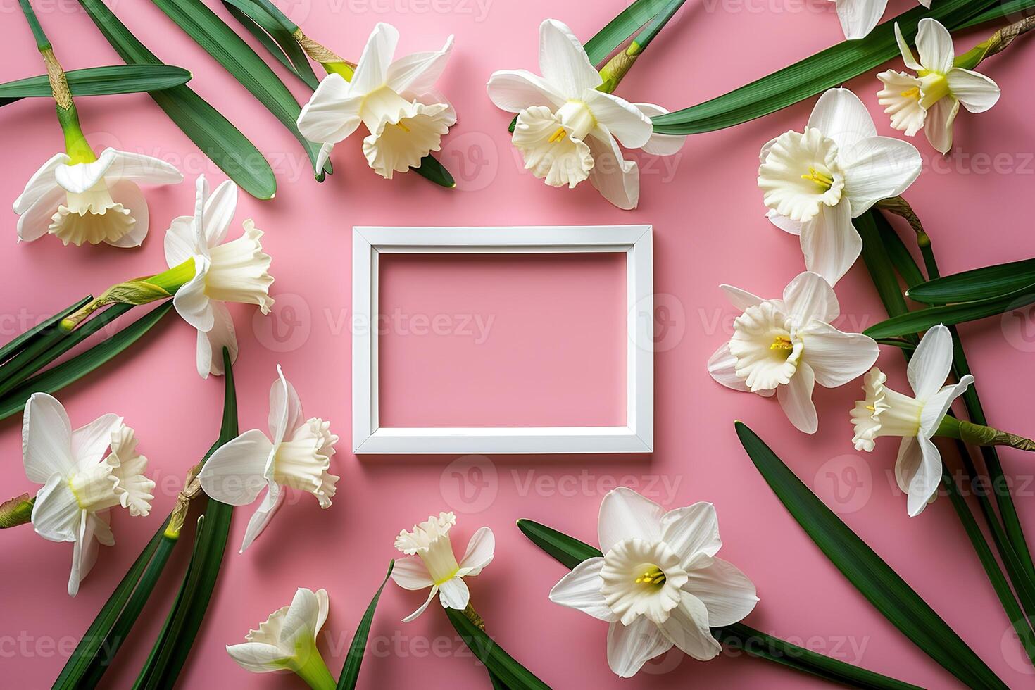 ai gegenereerd mockup wit leeg afbeelding kader met gele narcis bloemen top visie Aan roze achtergrond, bloemen sjabloon leeg kaart vlak leggen voor ontwerp met kopiëren ruimte foto