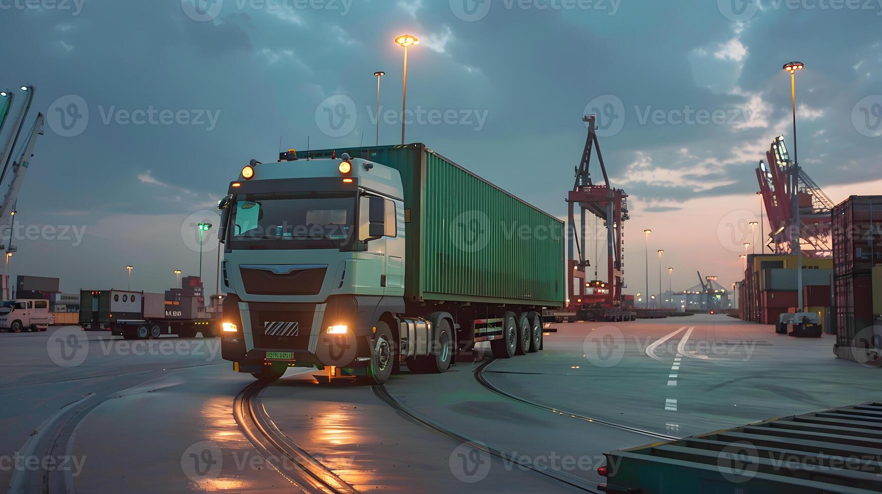ai gegenereerd vrachtauto aanhangwagen Aan de pier in de lading haven terminal met kranen en containers. ai gegenereerd foto