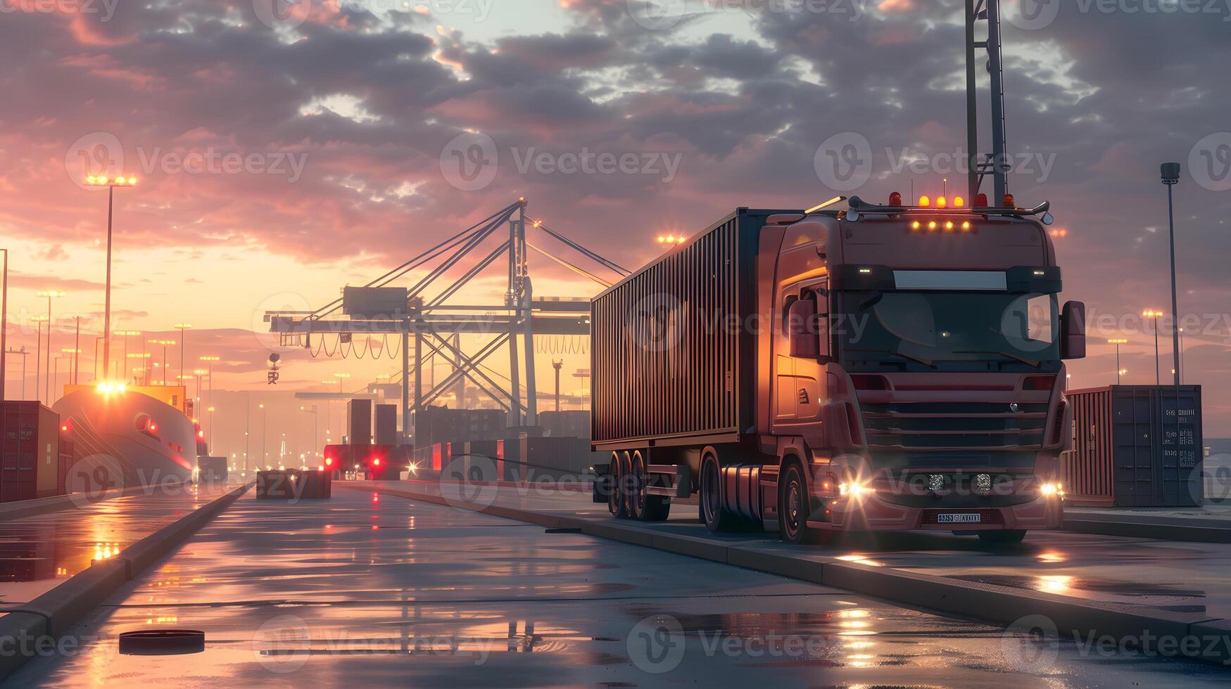 ai gegenereerd vrachtauto aanhangwagen Aan de pier in de lading haven terminal met kranen en containers. ai gegenereerd foto