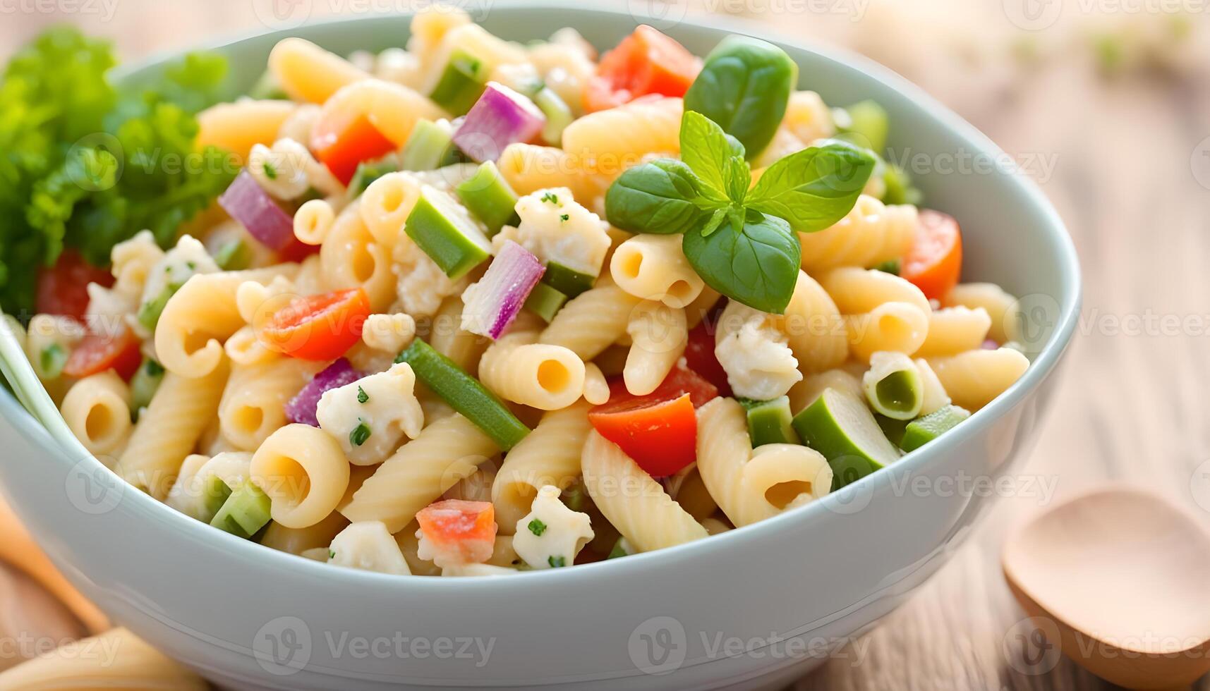 ai gegenereerd macaroni salade met elleboog pasta en groenten in kom foto