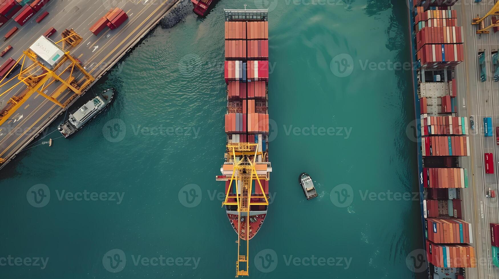 ai gegenereerd een schip voor vervoeren lading containers en ook lossen het Bij de dokken van een lading haven. ai gegenereerd foto