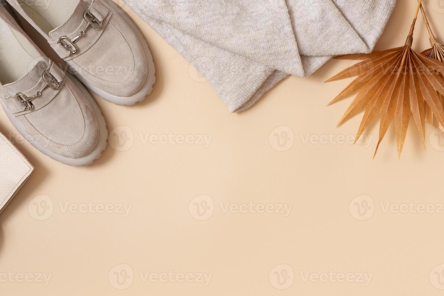 vlak leggen vrouwen schoenen, trui top visie met kopiëren ruimte. boodschappen doen en stijl concept foto