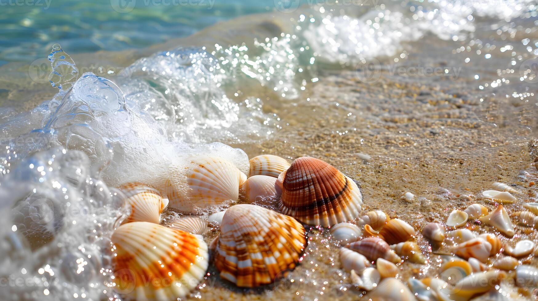 ai gegenereerd azuur kust van de oceaan met palm bomen, zand, surfen en schelpen. ai gegenereerd foto