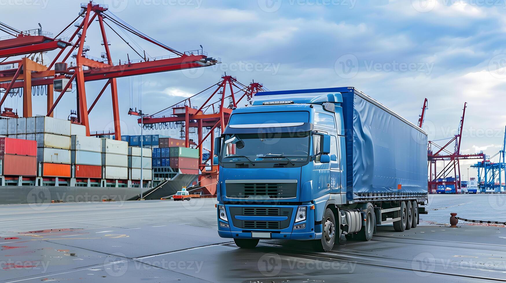 ai gegenereerd vrachtauto aanhangwagen Aan de pier in de lading haven terminal met kranen en containers. ai gegenereerd foto