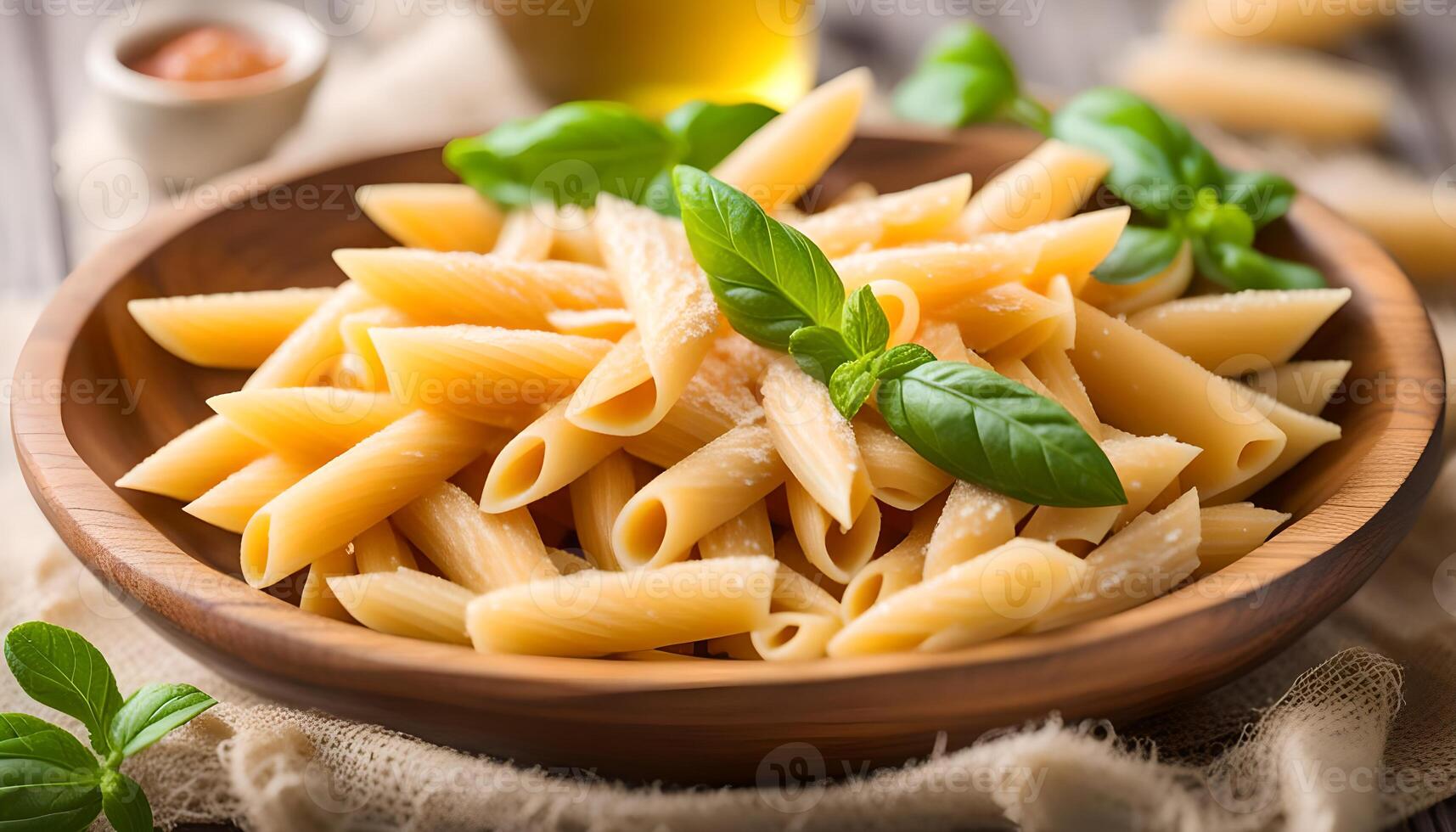 ai gegenereerd rauw penne pasta in houten kom foto