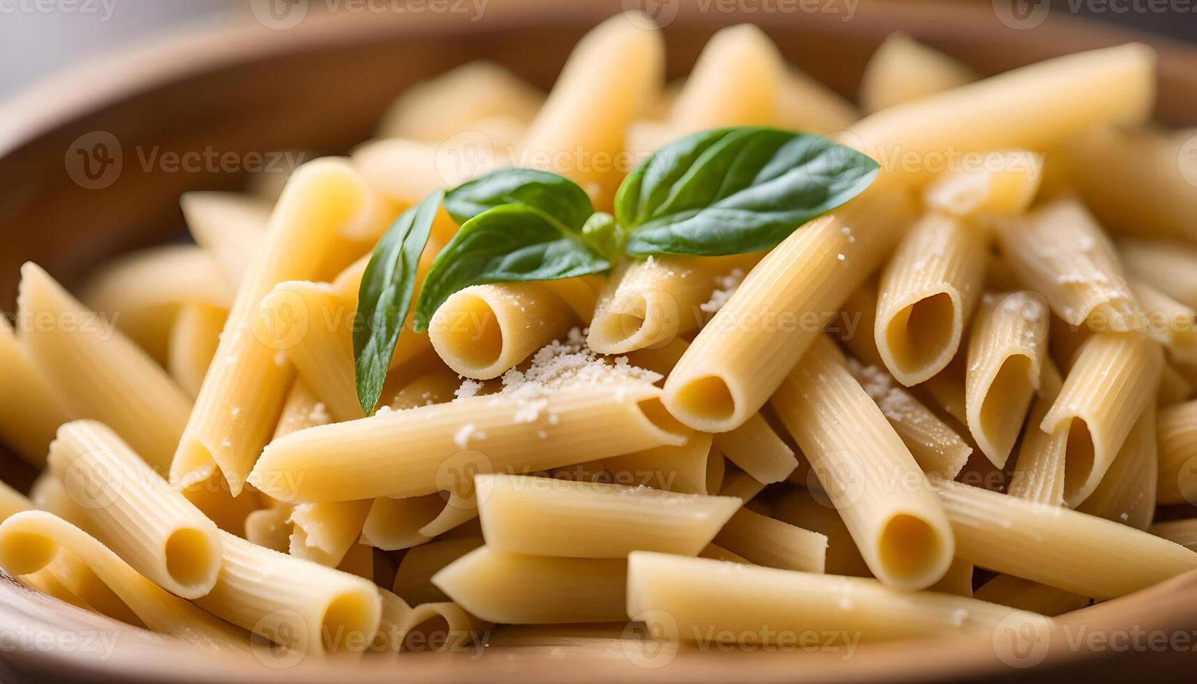 ai gegenereerd rauw penne pasta in houten kom foto