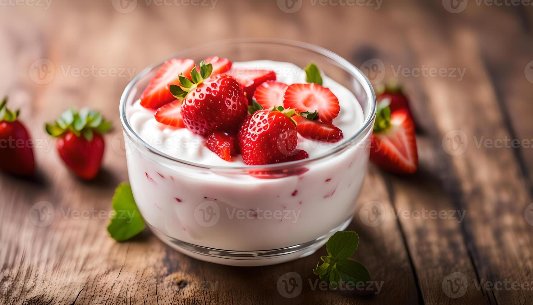 ai gegenereerd yoghurt met aardbei in glas foto